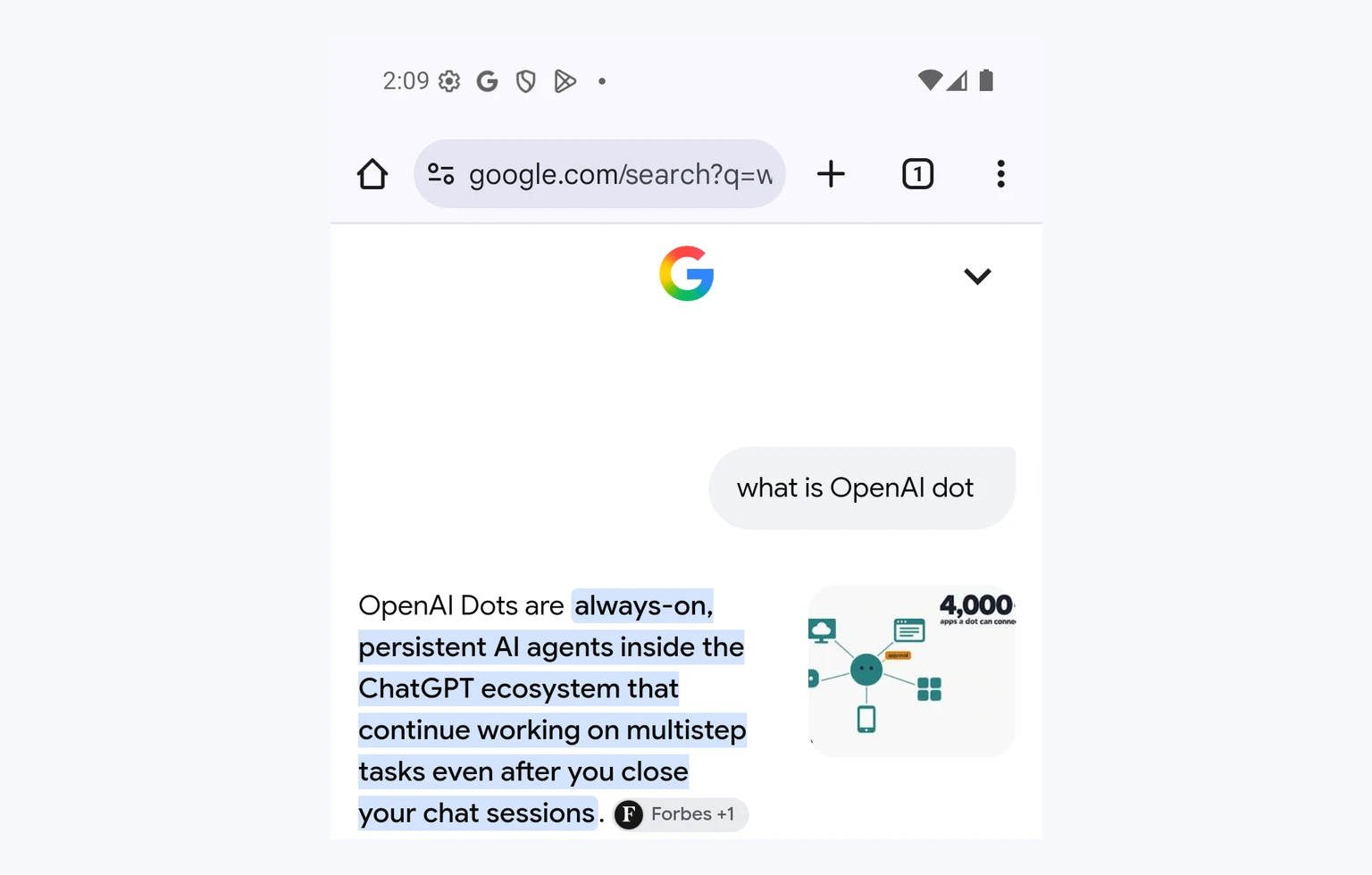 The phone's screen at 2:09 PM: Google search results for "what is OpenAI dot", opening with an AI Overview that begins "OpenAI Dots are always-on, persistent AI agents inside the ChatGPT ecosystem that continue working on multistep tasks even after you close your chat sessions."