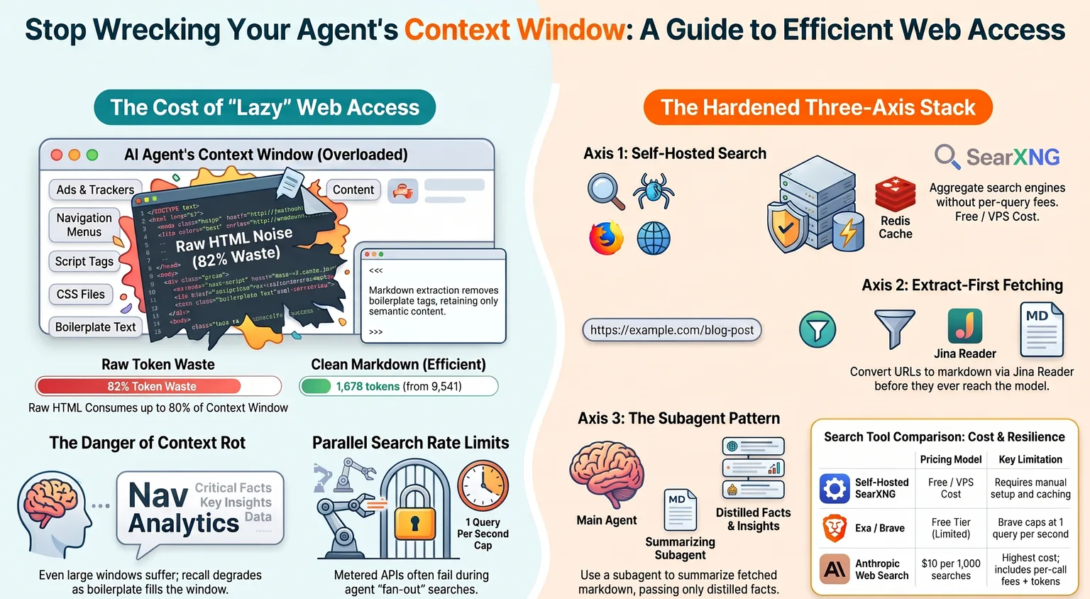 The cost of lazy web access versus a hardened stack. On the left, an agent's context window overloaded with raw HTML noise (ads and trackers, navigation menus, script tags, CSS, boilerplate) wasting about 82 percent of tokens, plus context rot and parallel-search rate limits. On the right, a three-part hardened stack: self-hosted search that aggregates engines without per-query fees, extract-first fetching that converts a URL to clean markdown before it reaches the model, and a summarizing subagent that passes back only distilled facts.