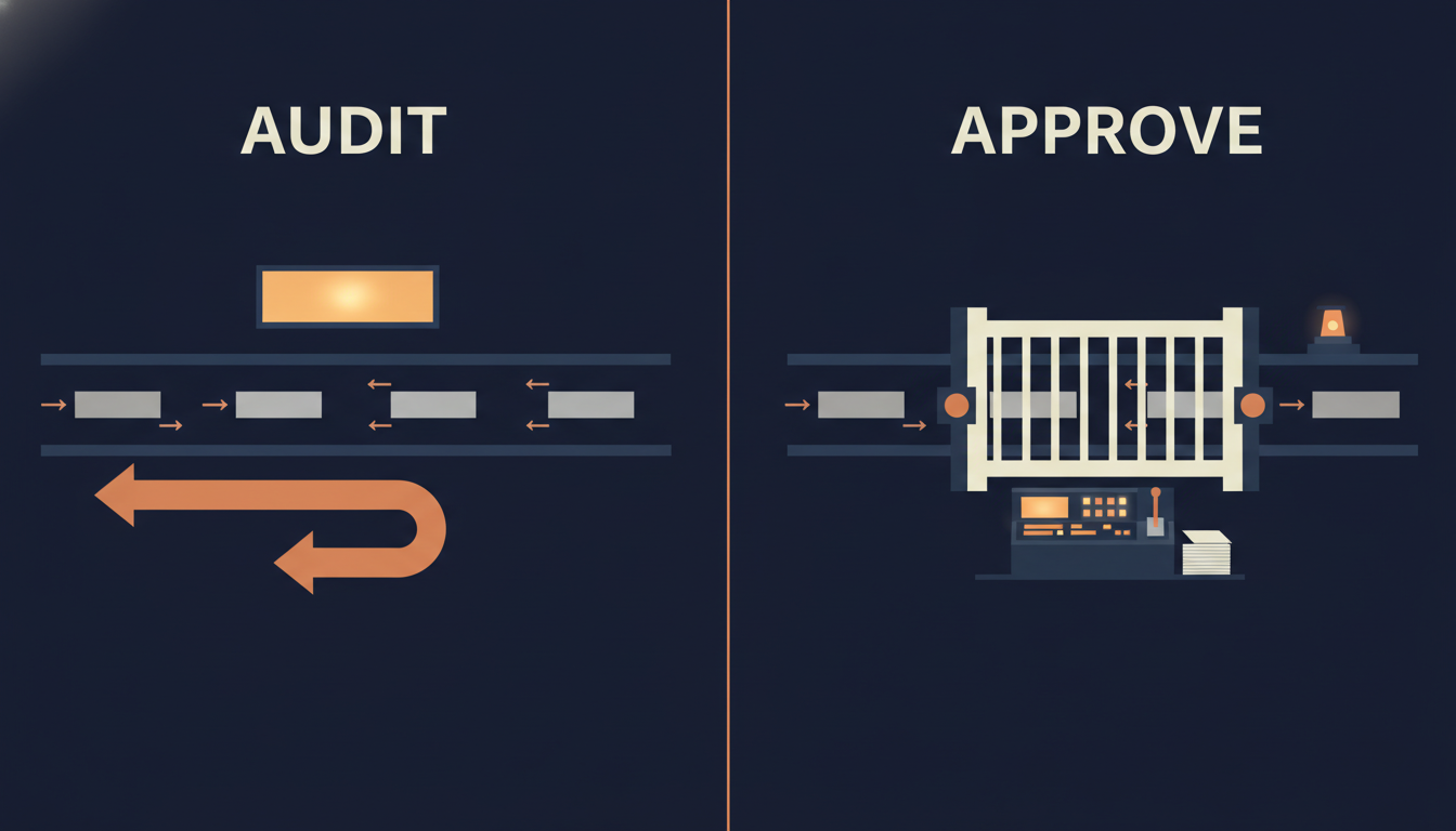 Flat vector split-panel diagram on midnight navy with a thin copper divider down the center. Two cream headlines label the panels: AUDIT over the left, APPROVE over the right. In the left panel an open horizontal channel carries steel blocks with no gate in it at all, a lit amber observation window glows above it, and a thick copper arrow loops back beneath the channel from right to left. In the right panel a closed pale steel gate blocks the same channel, an amber warning lamp burns beside it, and an operator console with a screen, a lever and a stack of papers stands in front of it. No other lettering appears in the image.