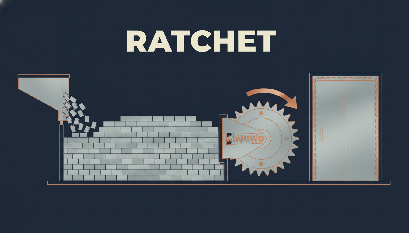 Flat vector industrial cutaway diagram on midnight navy, drawn in pale steel and copper line work. A single cream headline reads RATCHET. At the left an intake chute pours small steel blocks down into a chamber, where they have stacked into a solid wall filling it to the top. On the chamber's right wall a large toothed ratchet gear with a spring-loaded pawl allows rotation in one direction only, marked by a bold copper arrow curving inward. To the right stands a sealed steel door with no handle. No other lettering appears in the image.