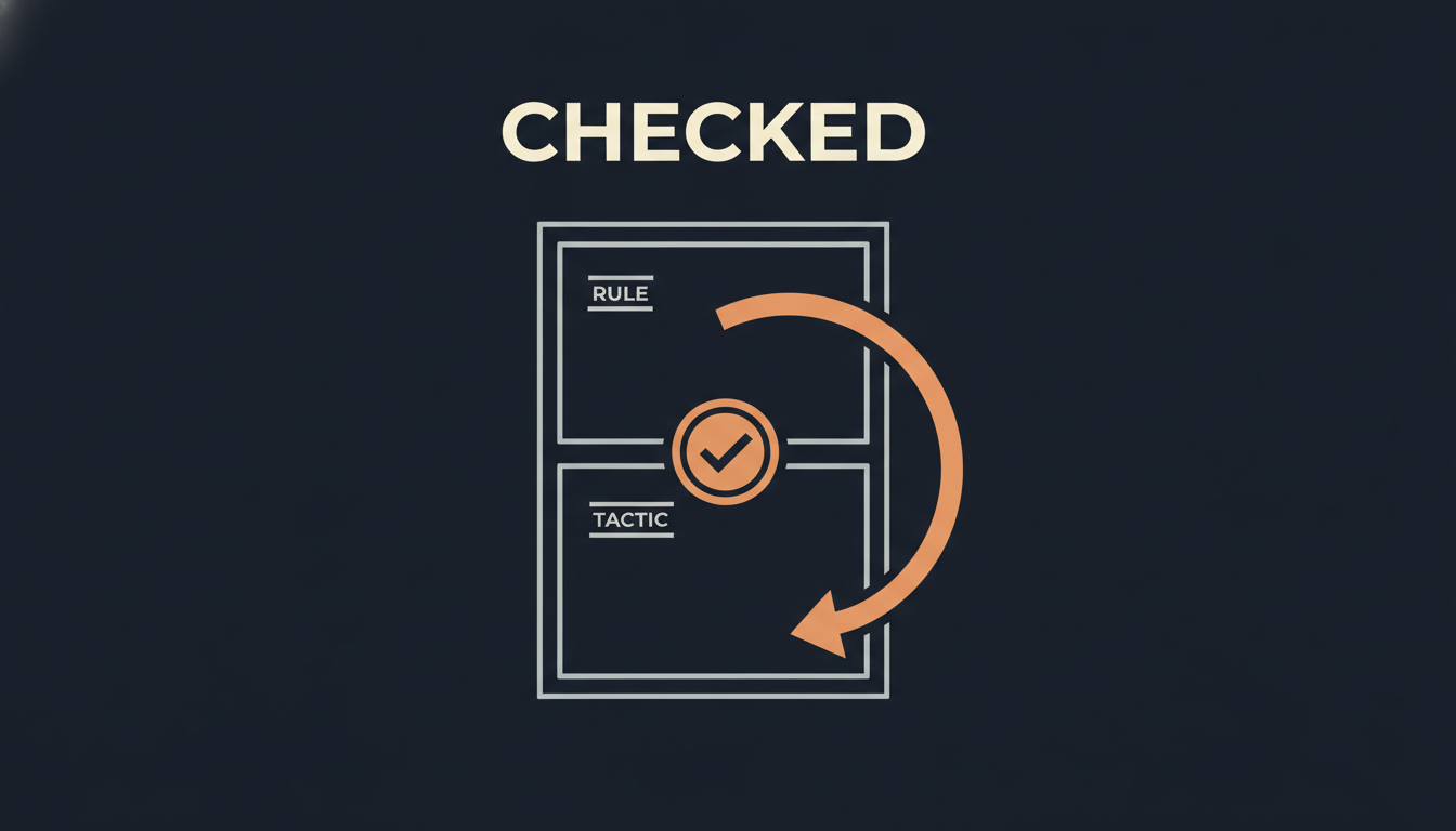 Flat vector technical diagram on midnight navy in pale steel and copper line work. A single cream headline reads CHECKED. Below it a tall document outline contains an upper panel labeled RULE and a lower panel labeled TACTIC, with a copper circular stamp bearing a checkmark set between them. A thick copper arrow begins in the upper part of the page, curves out to the right and past the document's edge, then turns back and ends with its arrowhead pointing into the lower panel, so the path starts and finishes inside the same document. Nothing outside the document connects to it. No other lettering appears in the image.