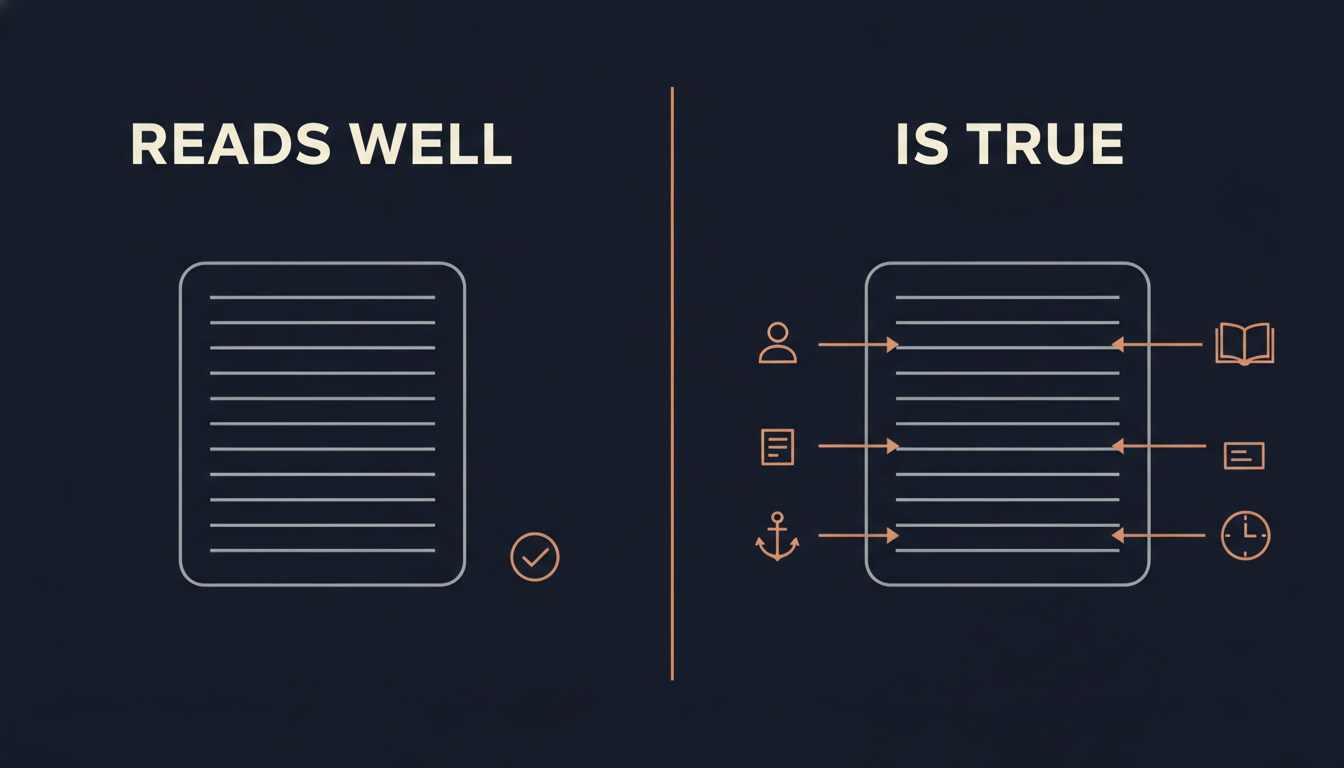 Flat vector split-panel diagram on midnight navy with a thin vertical pale divider. Two cream headlines label the panels: READS WELL over the left, IS TRUE over the right. The left panel shows one rounded page of evenly ruled text lines in pale steel with a small copper checkmark beside it and no other connections. The right panel shows the same page with six copper arrows crossing its border, three entering from the left and three from the right, each running to a small external icon: a person, a card and an anchor on the left, and an open book, a card and a clock on the right. No other lettering appears in the image.