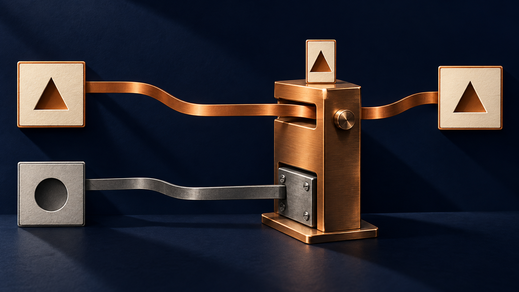A copper ribbon connects matching triangular-cutout cards through an open checkpoint channel beneath a matching reference tile. Below, a gray circular-cutout card connects to a closed shutter on the same checkpoint.
