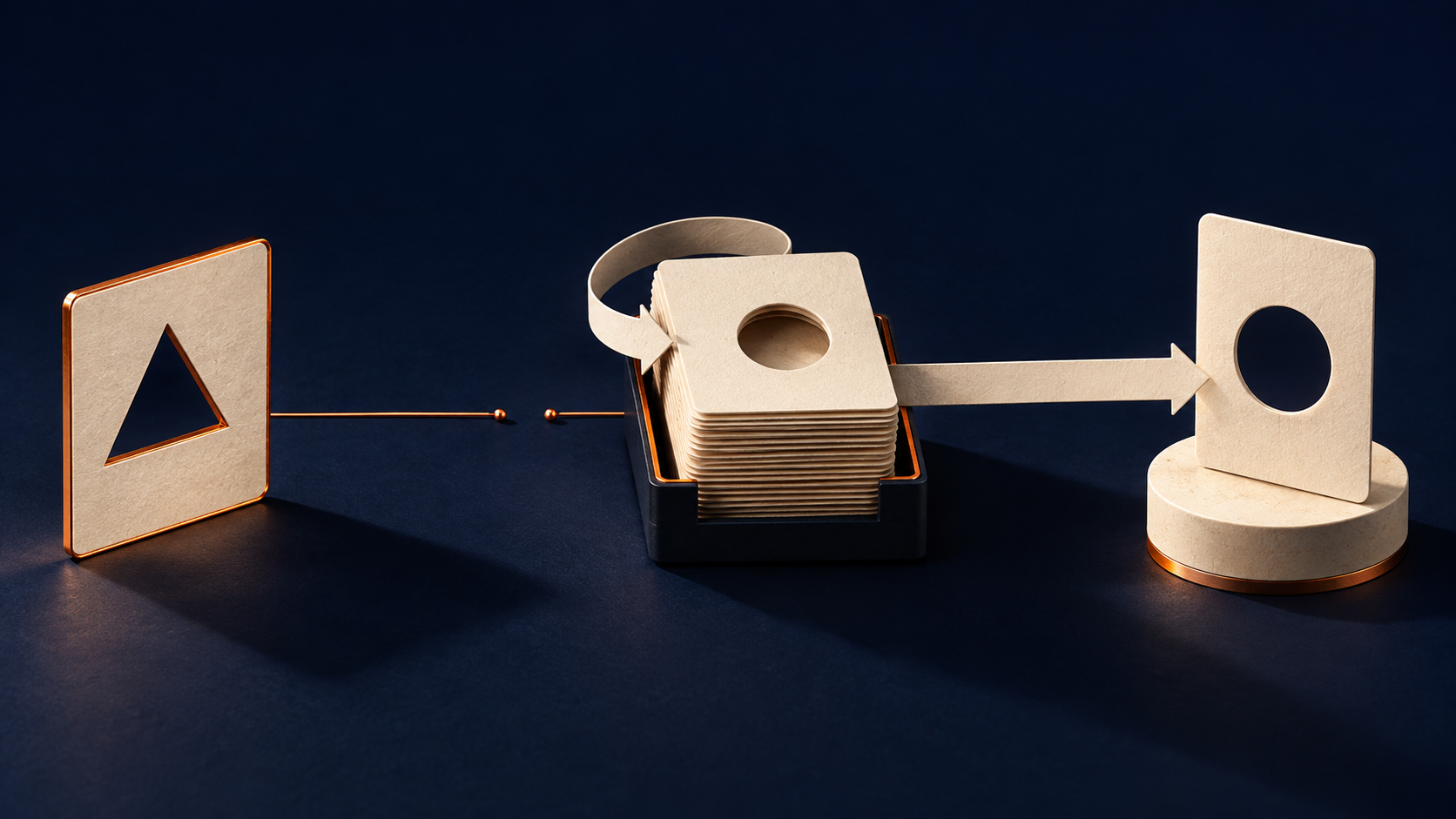 A copper line breaks before reaching a stack of circular-cutout cards from a triangular-cutout card. A paper loop circles the stack, and a continuous ivory arrow connects it to a matching circular-cutout output card.
