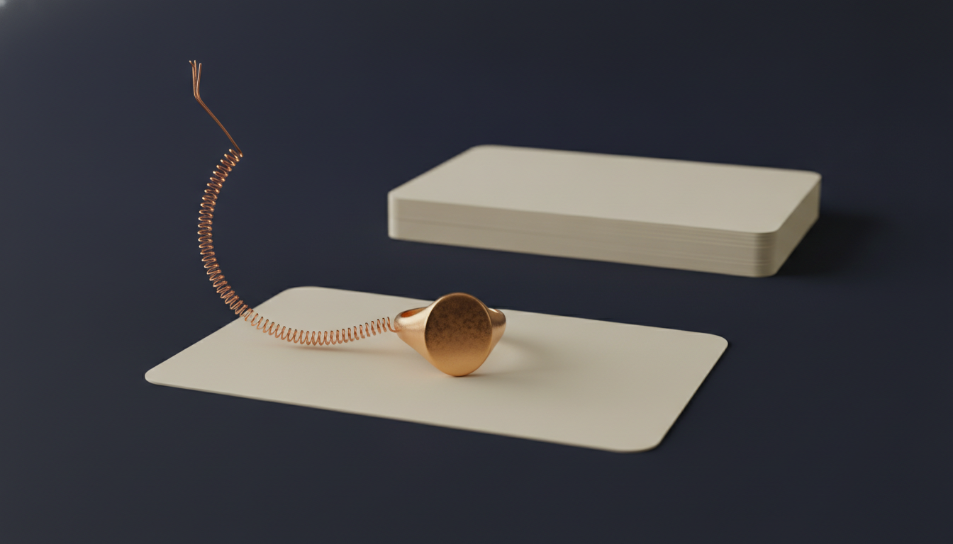 A copper signet ring rests on a blank cream card. A coiled copper thread runs from the ring and ends unattached in mid air, while a stack of blank cream cards sits out of its reach.