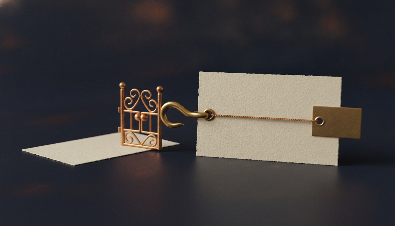 A taut copper thread binds one cream card to a brass tag through a metal eyelet. An ornate brass gate stands between that pair and a second cream card lying flat and unbound behind it.