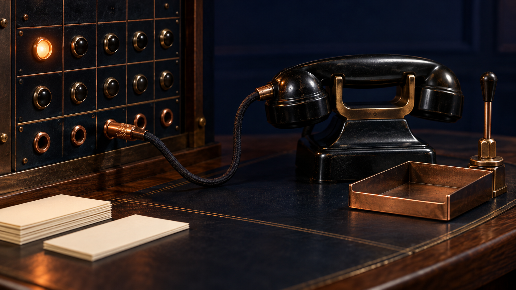 One amber indicator glows on a navy-and-copper switchboard. Its cable is plugged in and leads to a black receiver resting in its cradle beside an upright acknowledgement lever and an empty receipt tray.