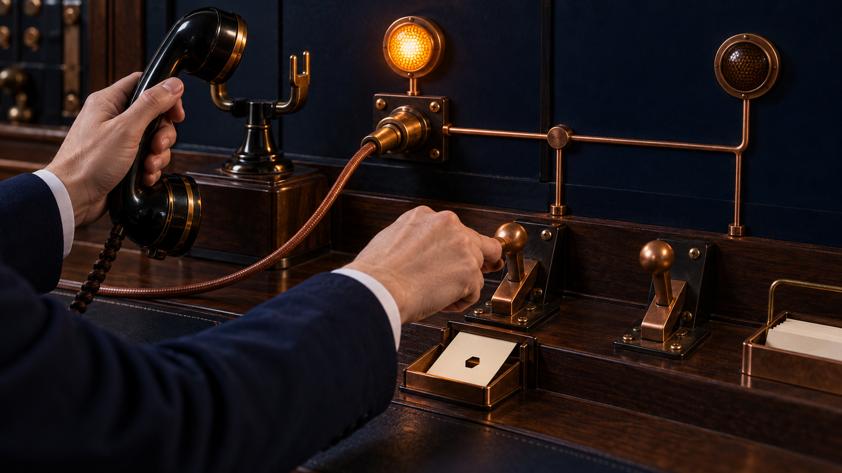 An operator lifts a black receiver with one hand and presses a copper acknowledgement lever with the other. A punched ivory receipt sits in a tray, while a separate copper line runs to an unlit escalation lamp.