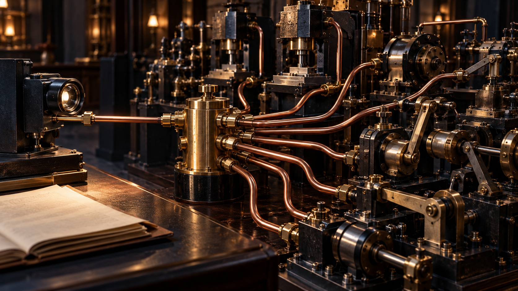 A single optical reader feeds one brass manifold whose many copper lines fan out to stamping presses, rotary actuators, and lever mechanisms.