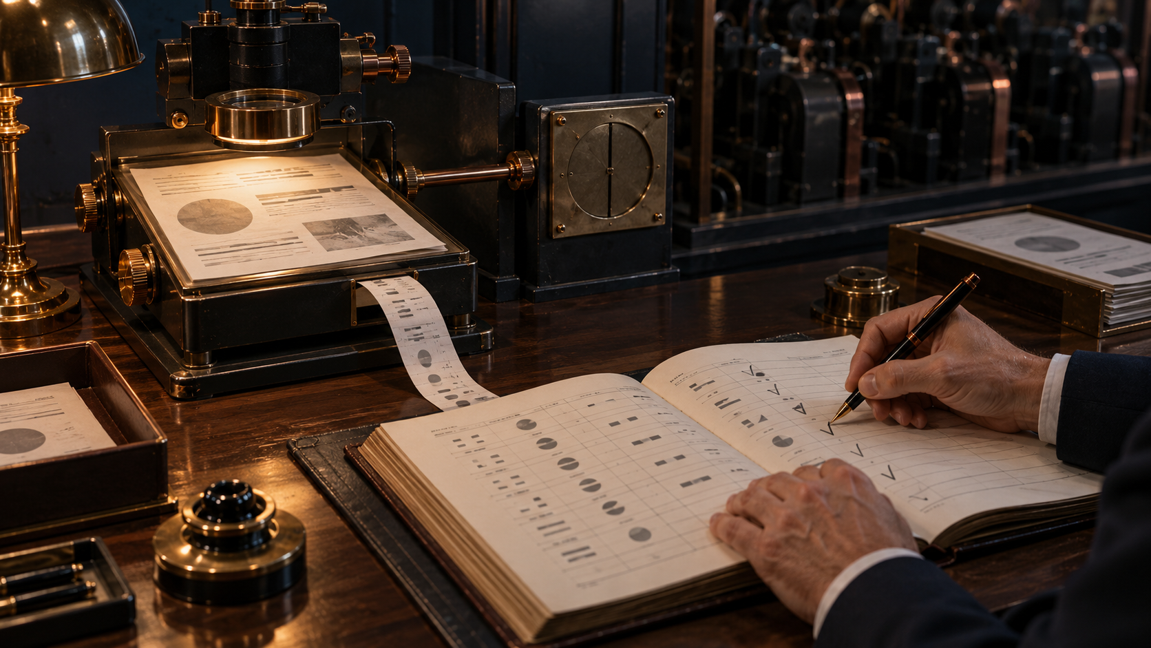 An optical reader's only connection ends at a closed isolation shutter while a human reviewer checks its audit strip in a bound ledger.